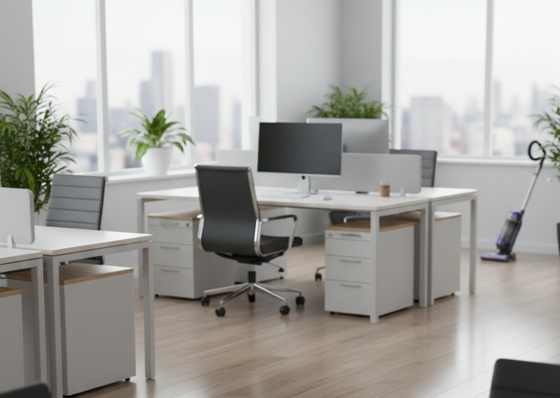 Open-plan office with white desks, black ergonomic chair, computer monitor, and filing cabinets, plus a vacuum cleaner near large windows and a city view.