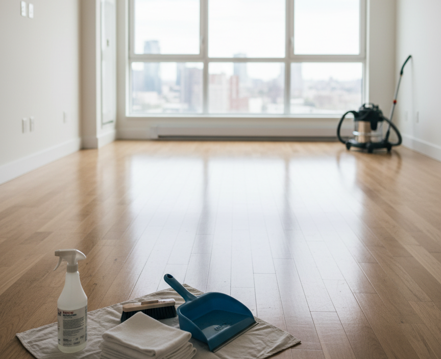 Empty sunlit room with wooden floor; cleaning supplies (spray bottle, brush, cloth, blue dustpan) on a towel in the foreground, vacuum in the back corner.