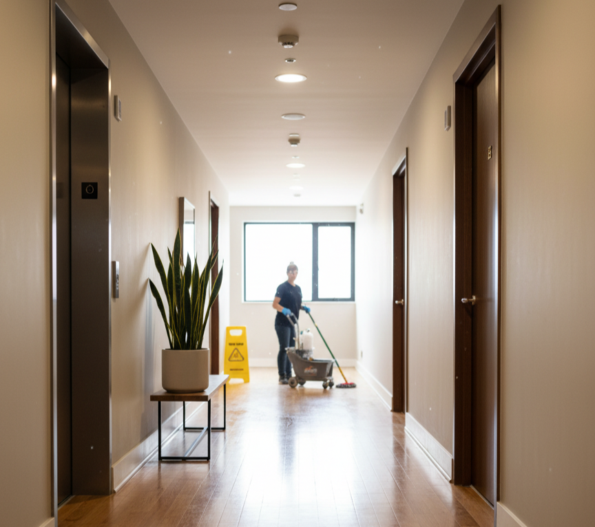 Hallway with a janitor mopping near a bright window, a yellow wet-floor sign beside a cleaning cart.